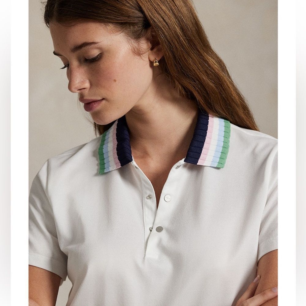 RLX Ralph Lauren Women’s Tailored Fit White Polo with Multicolor Striped Collar